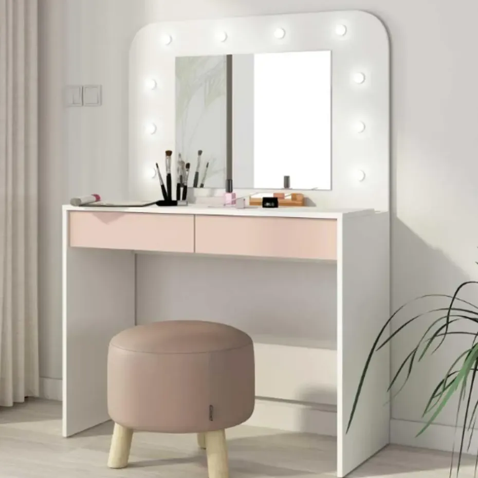 Kaptafel Holly met spiegel en verlichting 2 lades spaanplaat - wit/roze