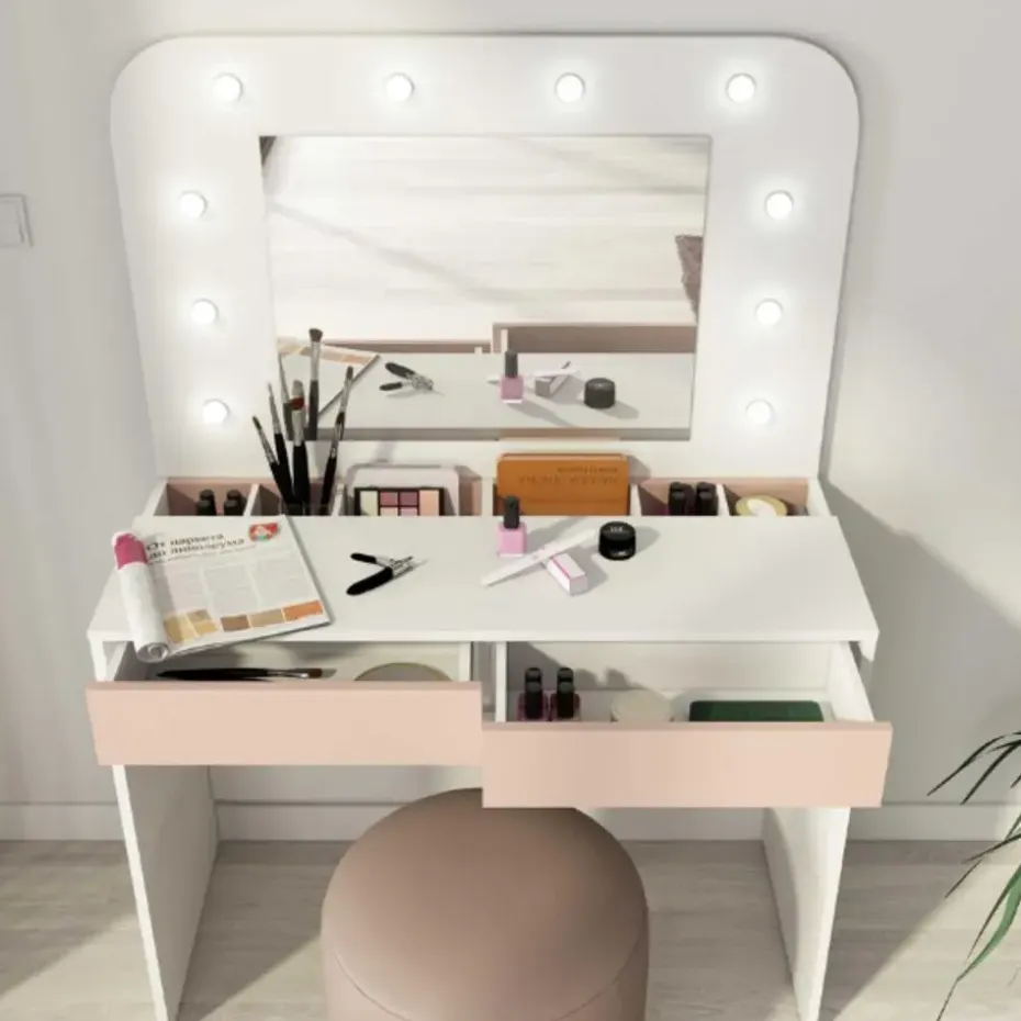 Kaptafel Holly met spiegel en verlichting 2 lades spaanplaat - wit/roze