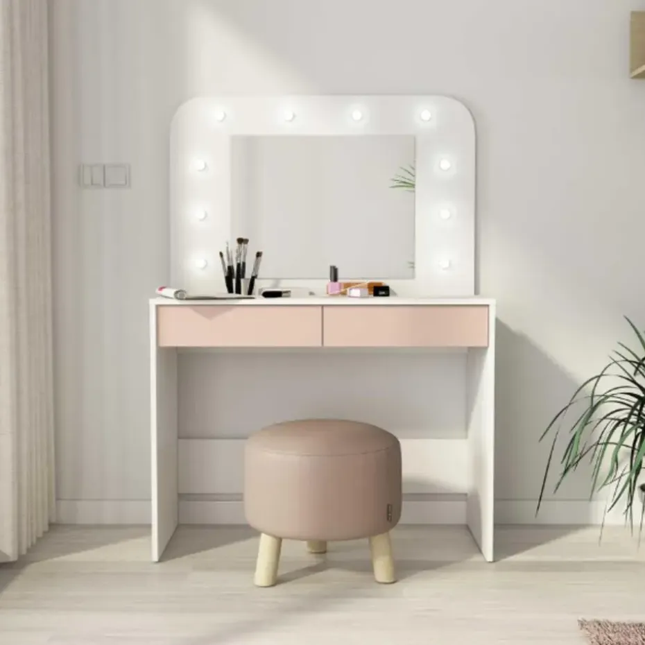 Kaptafel Holly met spiegel en verlichting 2 lades spaanplaat - wit/roze