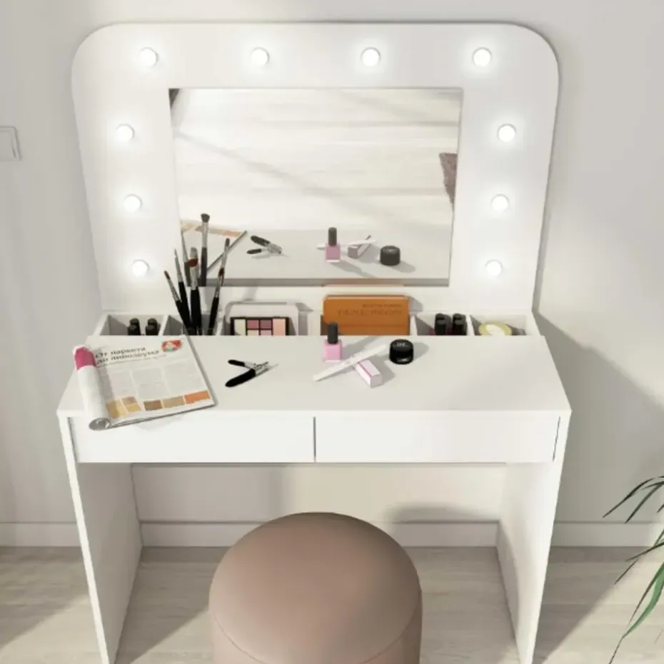 Kaptafel Holly met spiegel en verlichting 2 lades spaanplaat - wit