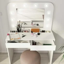 Kaptafel Holly met spiegel en verlichting 2 lades spaanplaat - wit
