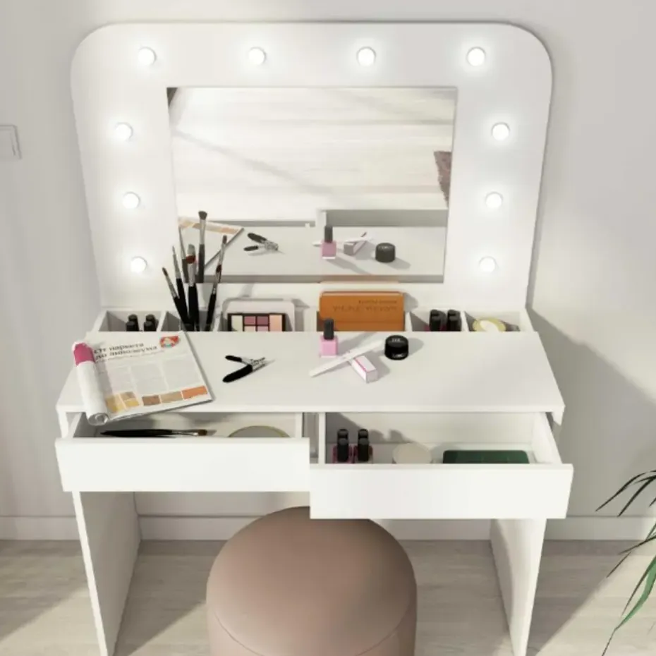 Kaptafel Holly met spiegel en verlichting 2 lades spaanplaat - wit