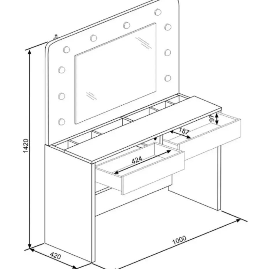 Kaptafel Holly met spiegel en verlichting 2 lades spaanplaat - wit