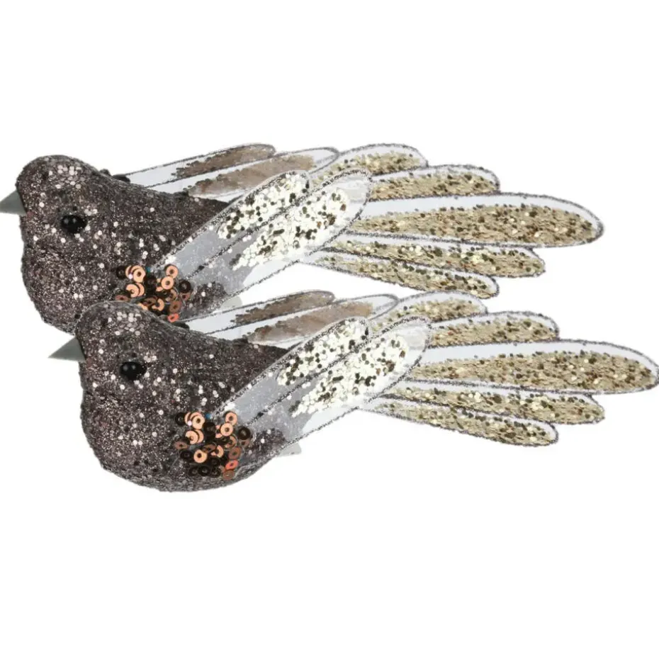 Kerstboomversiering Vogel - 2x stuks - 10 cm - Bruin glitter