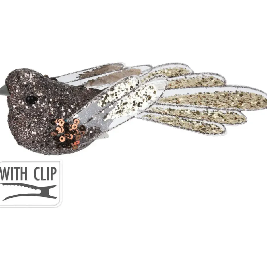 Kerstboomversiering Vogel - 2x stuks - 10 cm - Bruin glitter