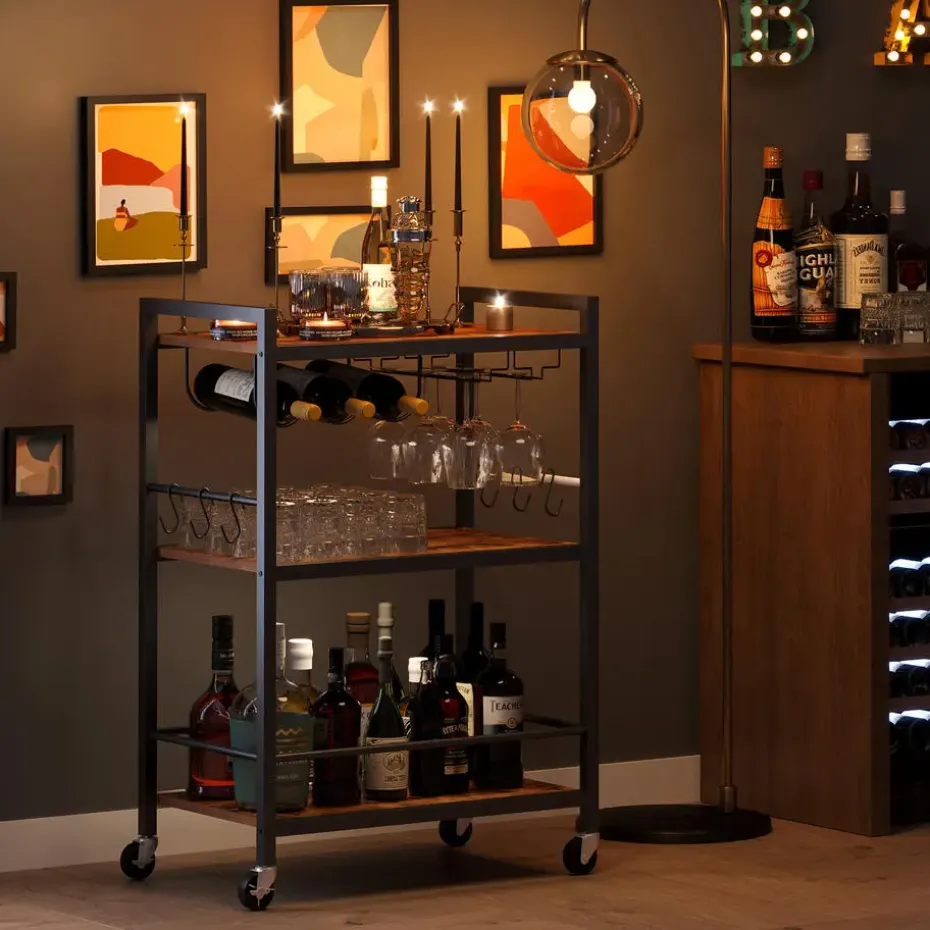 Keukentrolley op Wieltjes - Serveerwagen - Bijzettafel - 3 planken - Bruin
