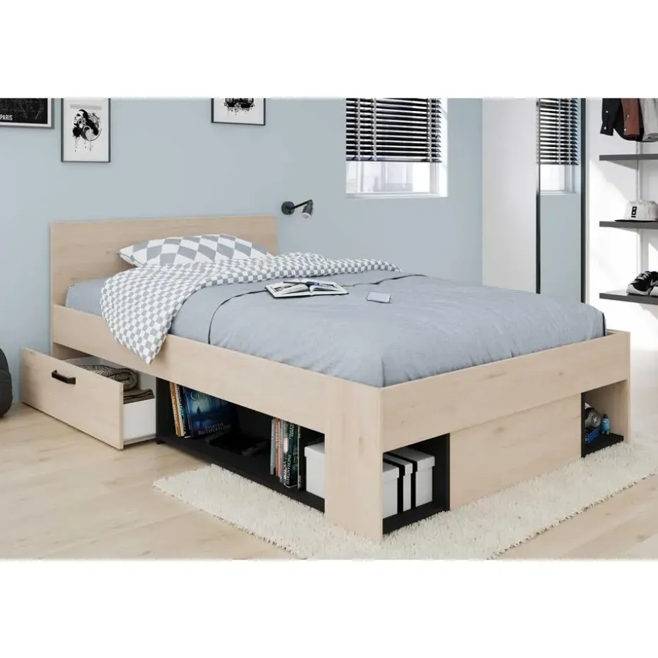 Kinderbed Achiel - 120x200/190cm - met opbergruimte - eikdecor/zwart