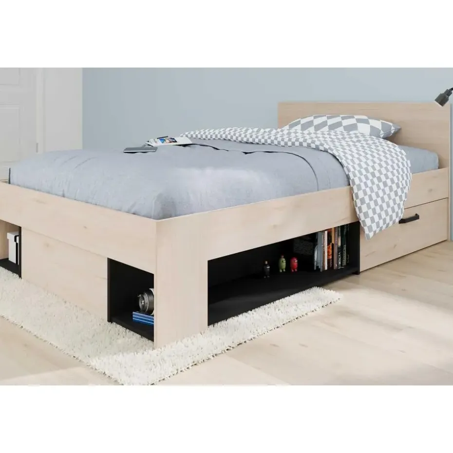 Kinderbed Achiel - 120x200/190cm - met opbergruimte - eikdecor/zwart