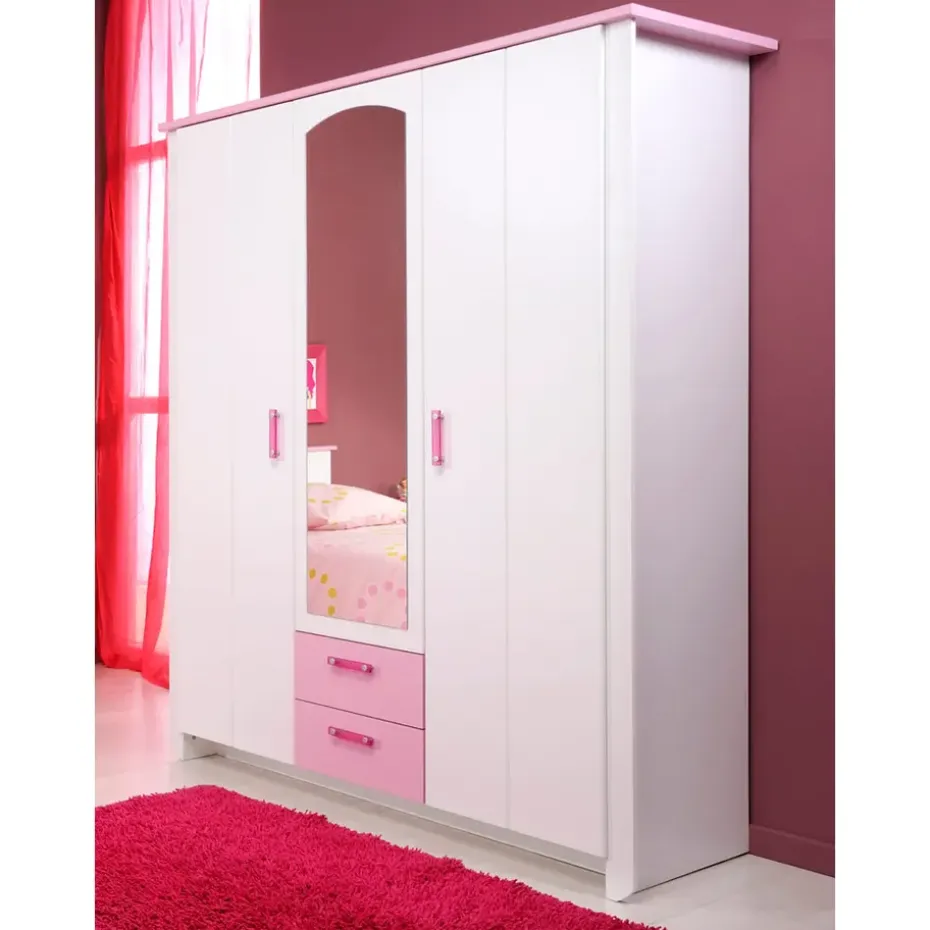 Kledingkast kast Kiki - wit/roze 181x136x56 cm