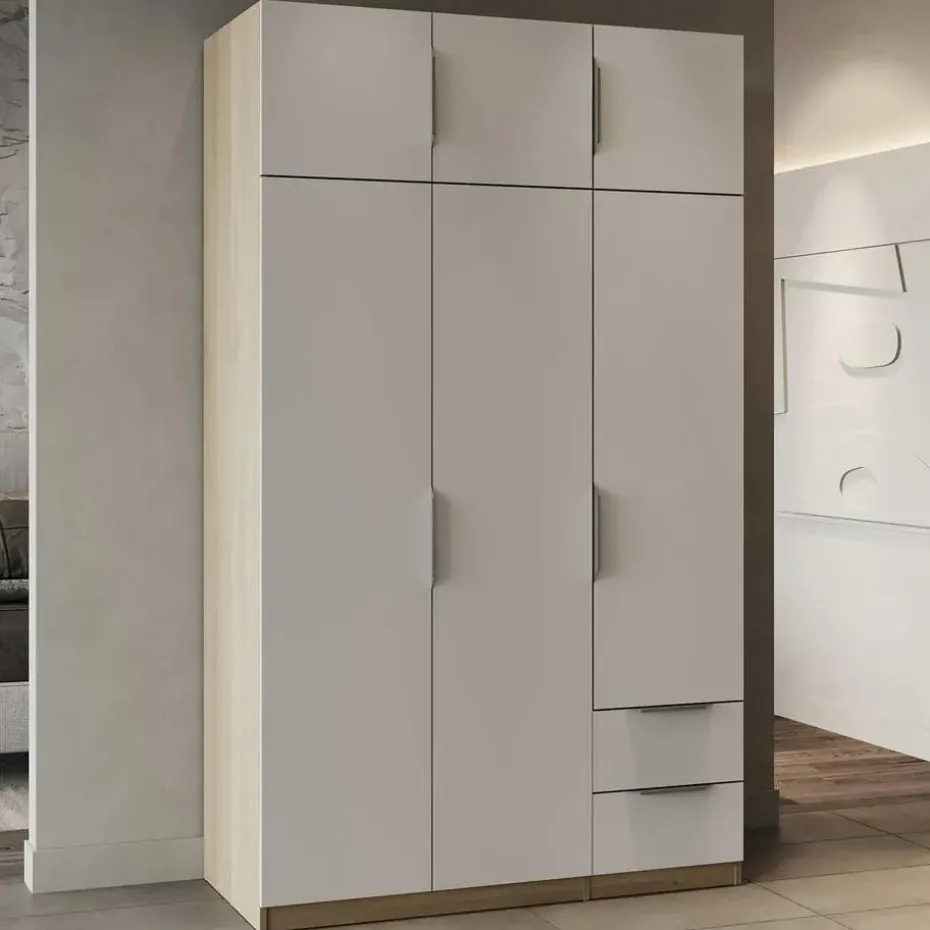 Kledingkast Spectre 120cm 6 deuren & 2 lades - mat wit/eik