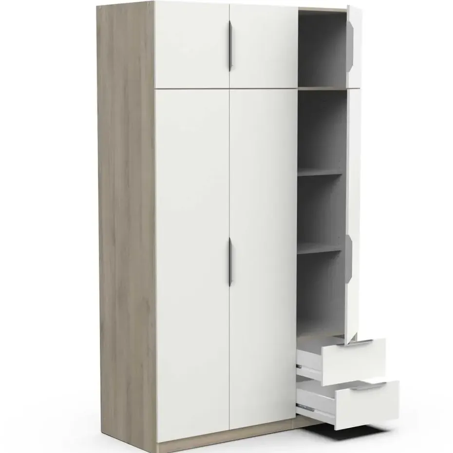 Kledingkast Spectre 120cm 6 deuren & 2 lades - mat wit/eik