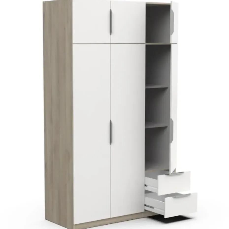 Kledingkast Spectre 120cm 6 deuren & 2 lades - mat wit/eik