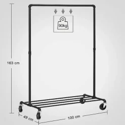 Kledingrek op wieltjes - Metaal - Incl. plank - tot 90 kg - Zwart