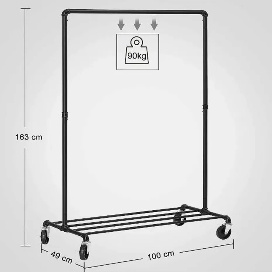Kledingrek op wieltjes - Metaal - Incl. plank - tot 90 kg - Zwart
