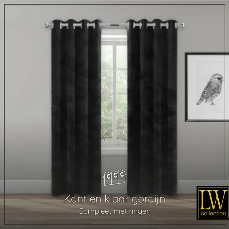 LW Collection Gordijnen Zwart 245x290cm Velvet Kant en klaar 1 stuk