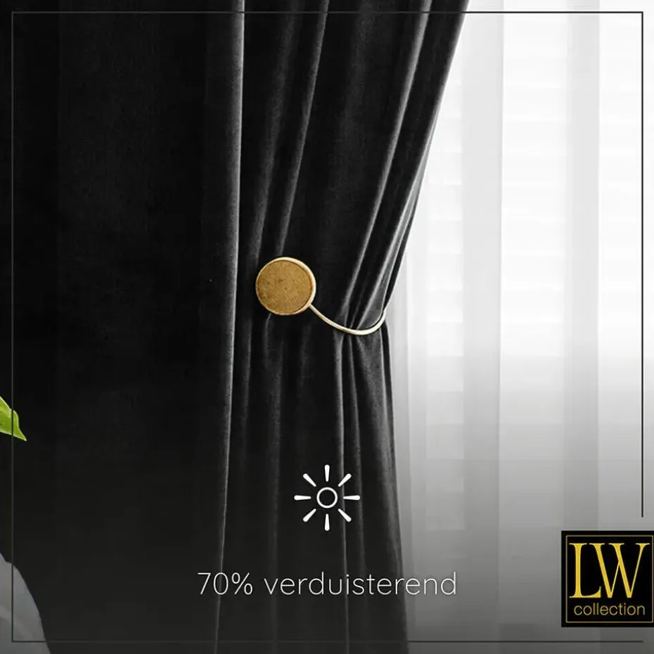 LW Collection Gordijnen Zwart 245x290cm Velvet Kant en klaar 1 stuk
