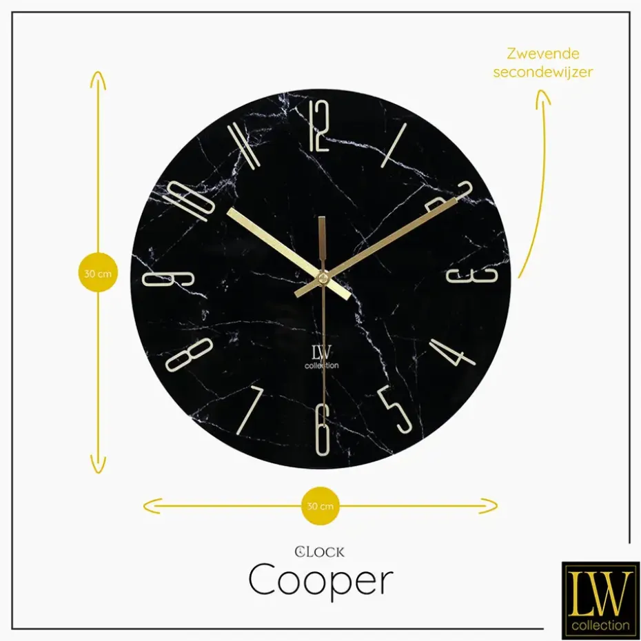 LW Collection Keukenklok Cooper zwart marmer 30cm