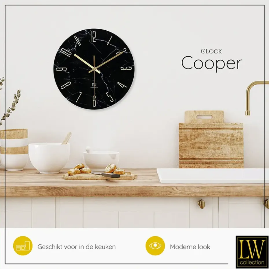 LW Collection Keukenklok Cooper zwart marmer 30cm