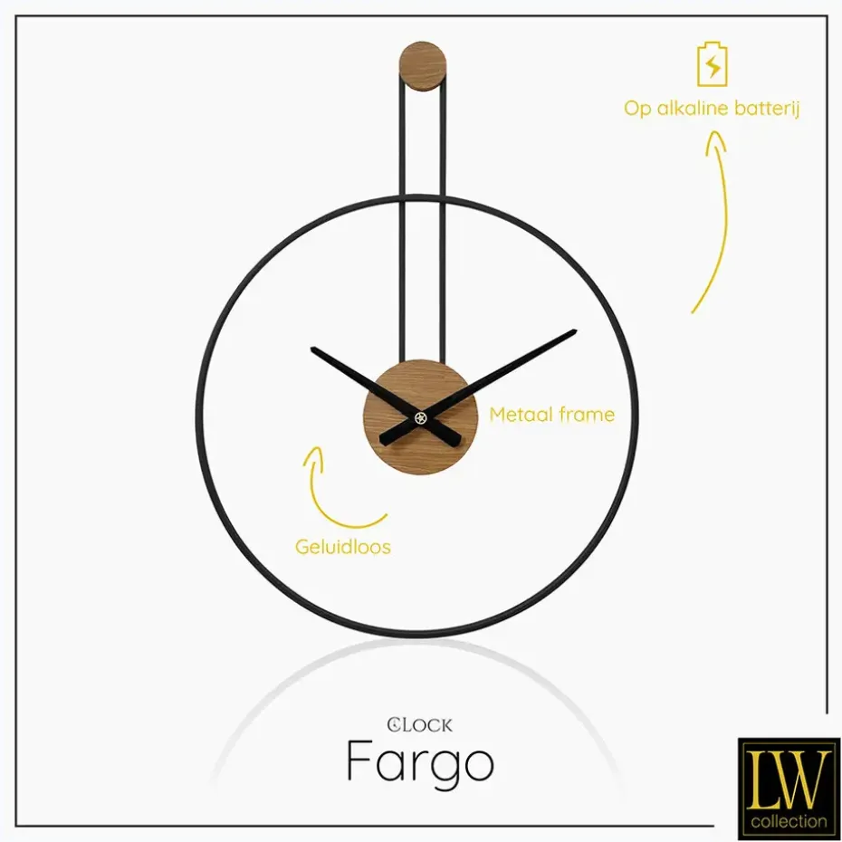 LW Collection Wandklok Fargo zwart 55cm