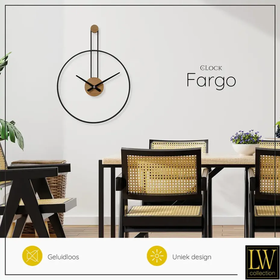 LW Collection Wandklok Fargo zwart 55cm