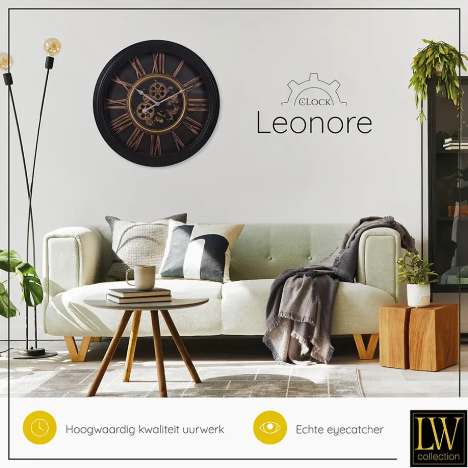 LW Collection Wandklok radar Leonore Zwart 52cm bewegende tandwielen