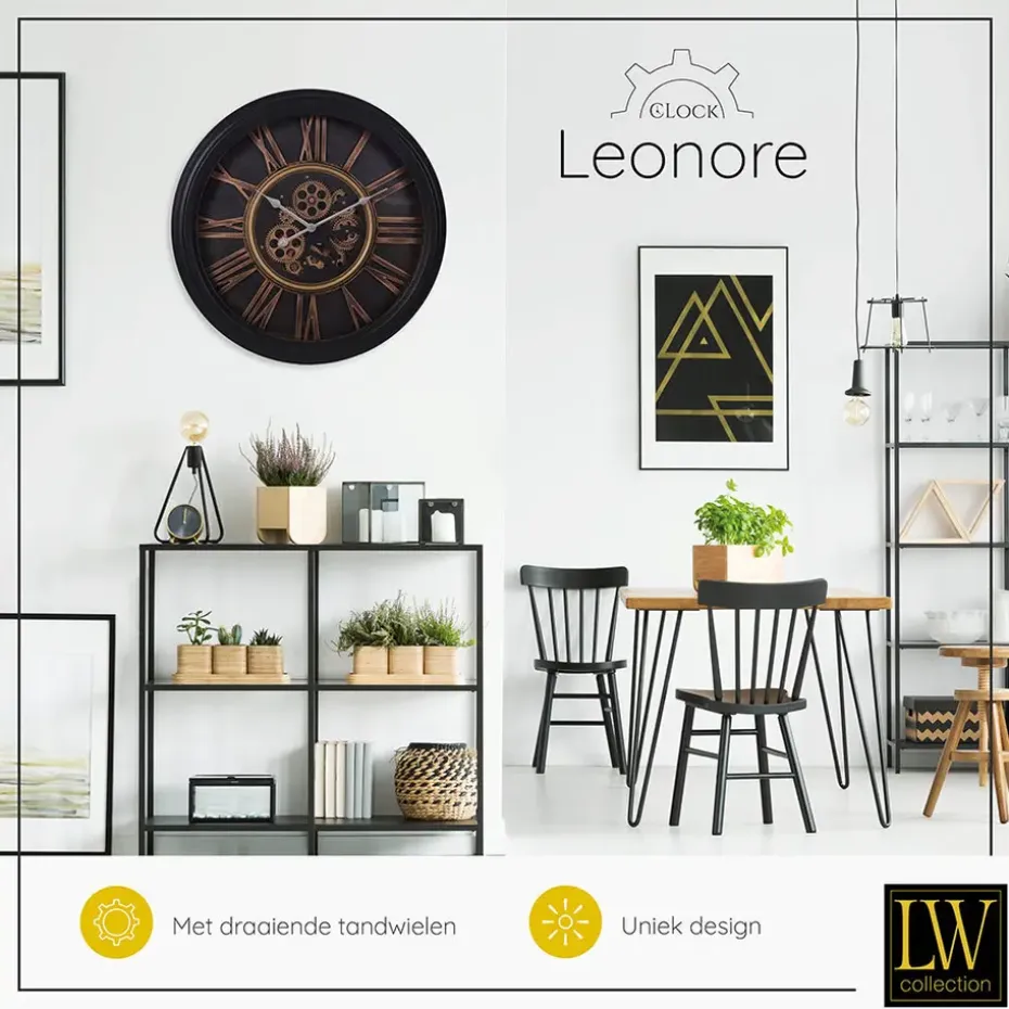 LW Collection Wandklok radar Leonore Zwart 52cm bewegende tandwielen