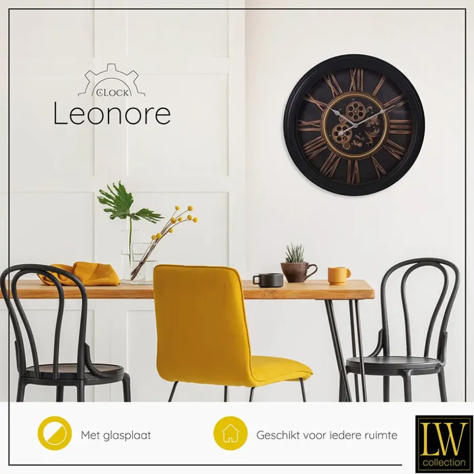 LW Collection Wandklok radar Leonore Zwart 52cm bewegende tandwielen