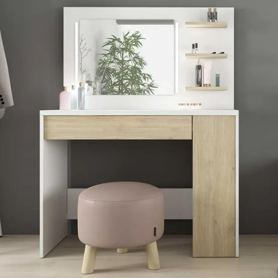 Make-uptafel Glamour met verlichting - wit/eik