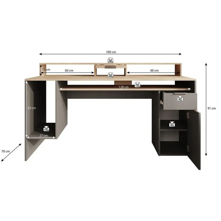 Meubella - Bureau Ryan - Grijs - Eiken - 160 cm