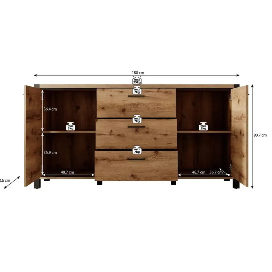 Meubella - Dressoir Acapulco - Eiken - Zwart - 180 cm