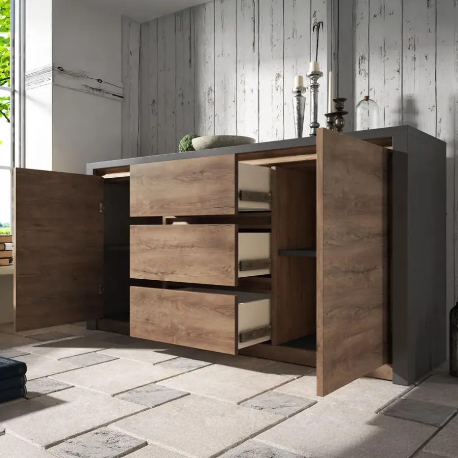 Meubella - Dressoir Monaco - Eiken - Grijs - 140 cm