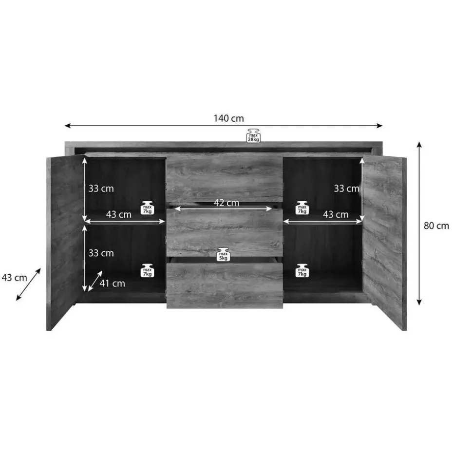 Meubella - Dressoir Monaco - Eiken - Grijs - 140 cm