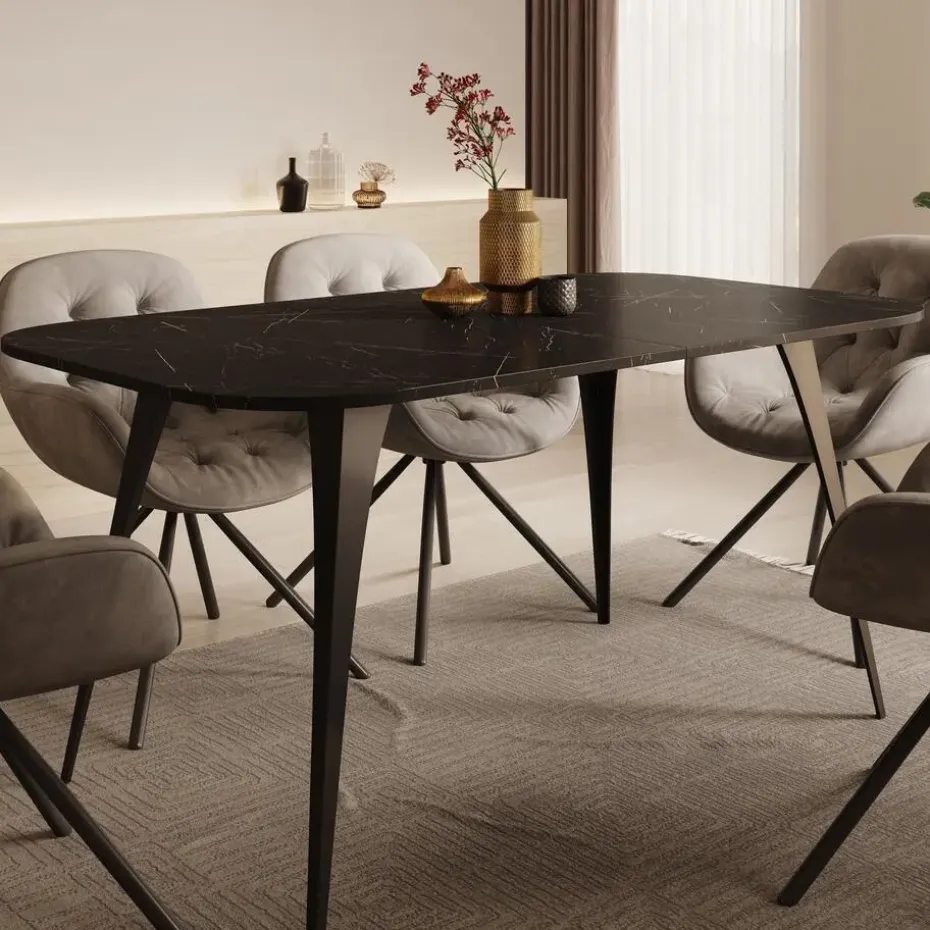 Meubella - Eetkamertafel Flix - Zwart marmer - 160 cm - Uitschuifbaar