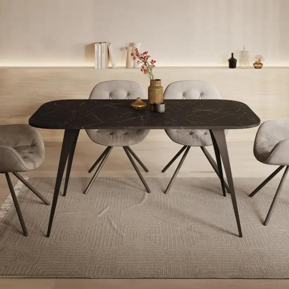 Meubella - Eetkamertafel Flix - Zwart marmer - 160 cm - Uitschuifbaar