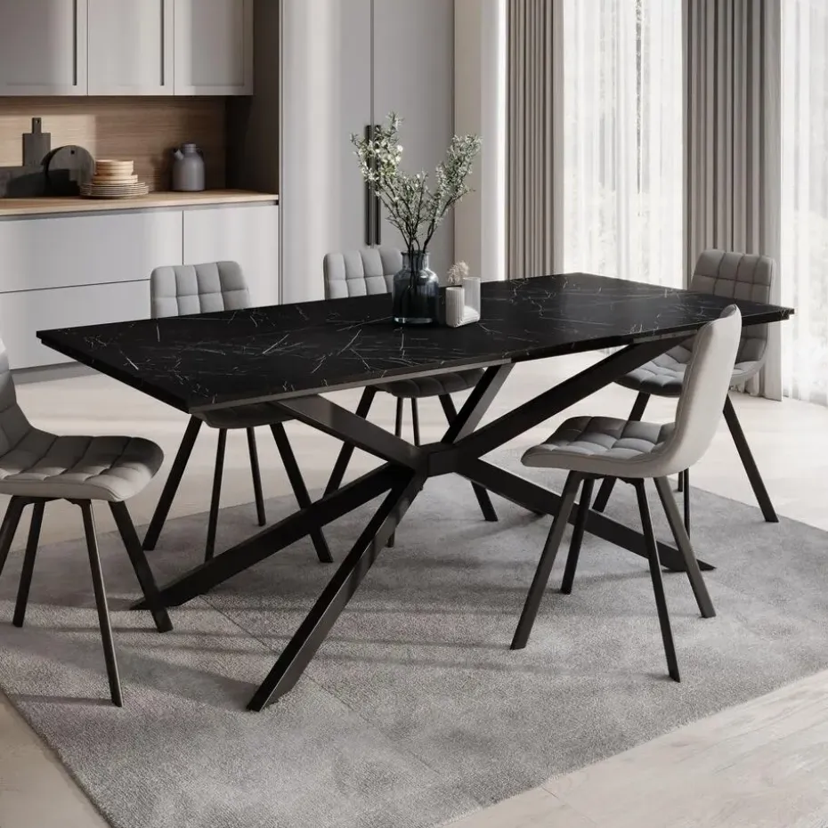 Meubella - Eetkamertafel Faithley - Zwart marmerlook - 190 cm