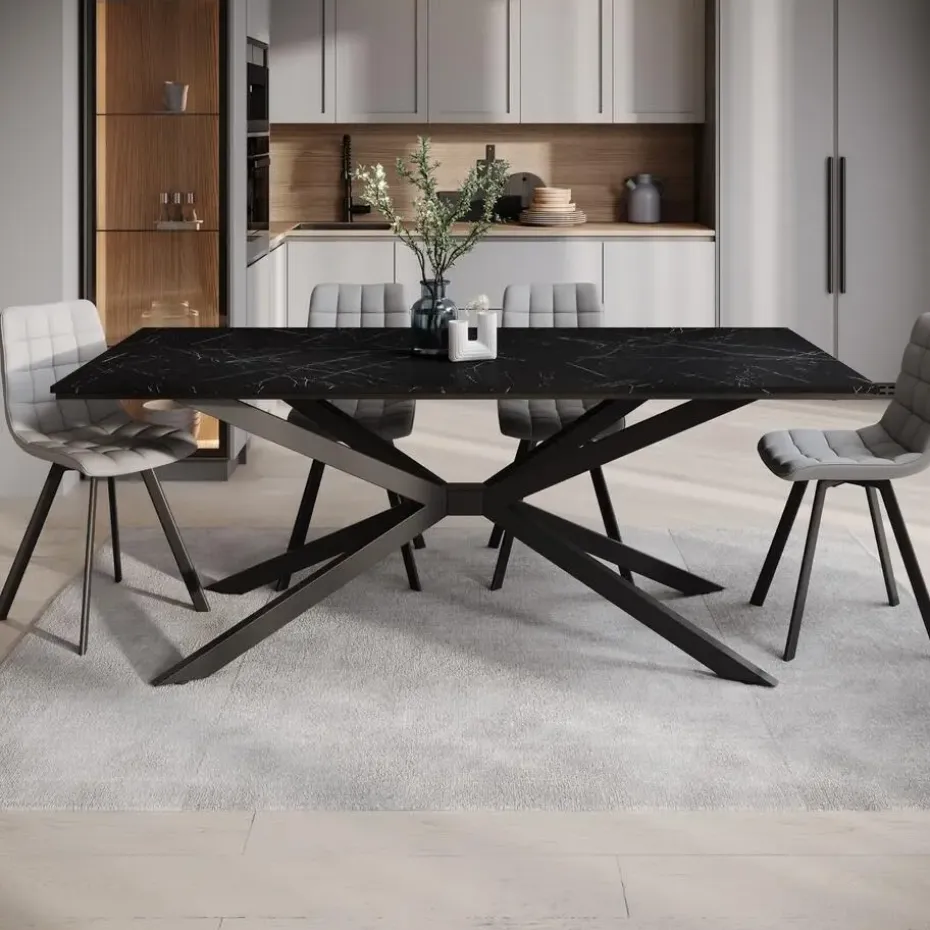 Meubella - Eetkamertafel Faithley - Zwart marmerlook - 190 cm