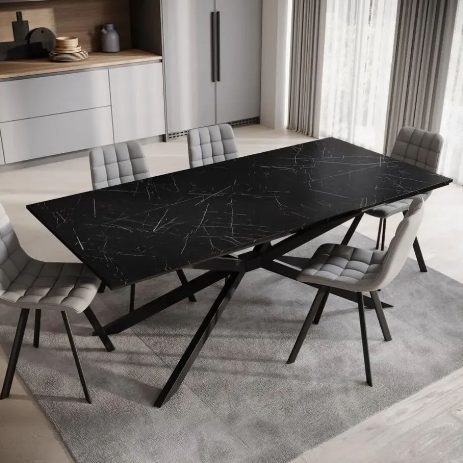 Meubella - Eetkamertafel Faithley - Zwart marmerlook - 190 cm