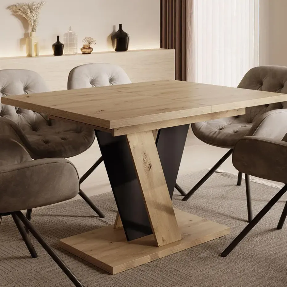 Meubella - Eetkamertafel Velluto - Eiken - Zwart - 160 cm - Uitschuifbaar