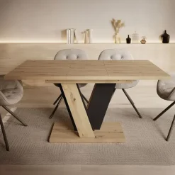 Meubella - Eetkamertafel Velluto - Eiken - Zwart - 160 cm - Uitschuifbaar
