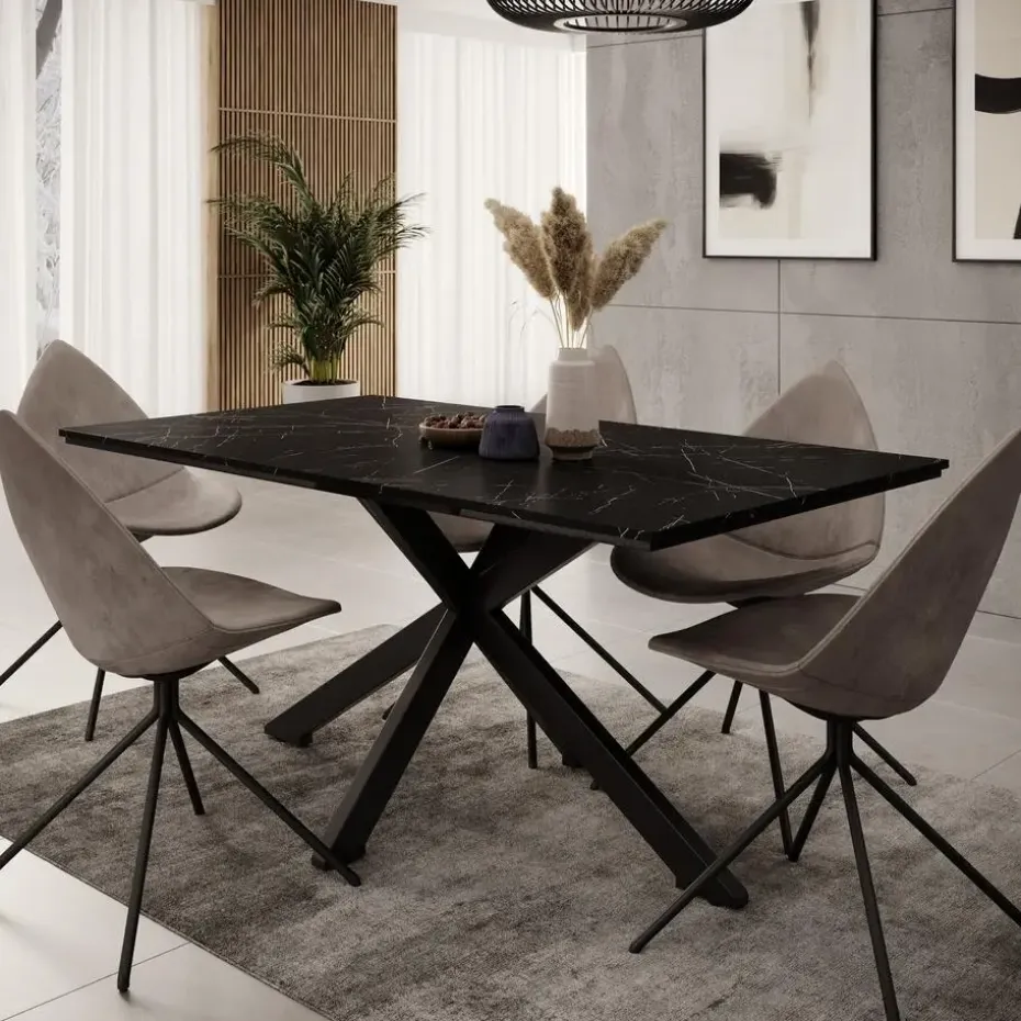 Meubella - Eetkamertafel Wabe - Zwart marmerlook - 160 cm