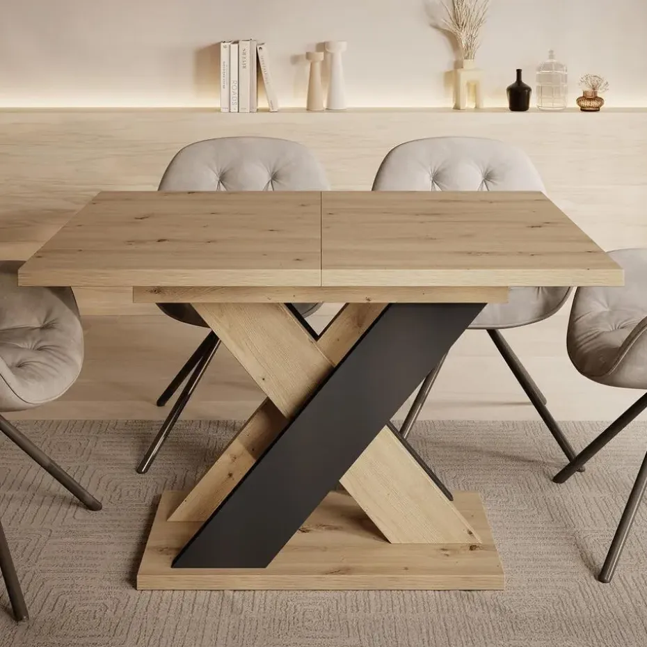 Meubella - Eetkamertafel Xandra - Eiken - Zwart - 160 cm - Uitschuifbaar