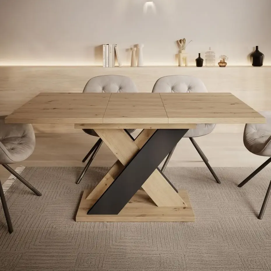 Meubella - Eetkamertafel Xandra - Eiken - Zwart - 160 cm - Uitschuifbaar