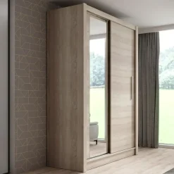 Meubella - Kledingkast Bazarre - Eiken - 155 cm - Met spiegel