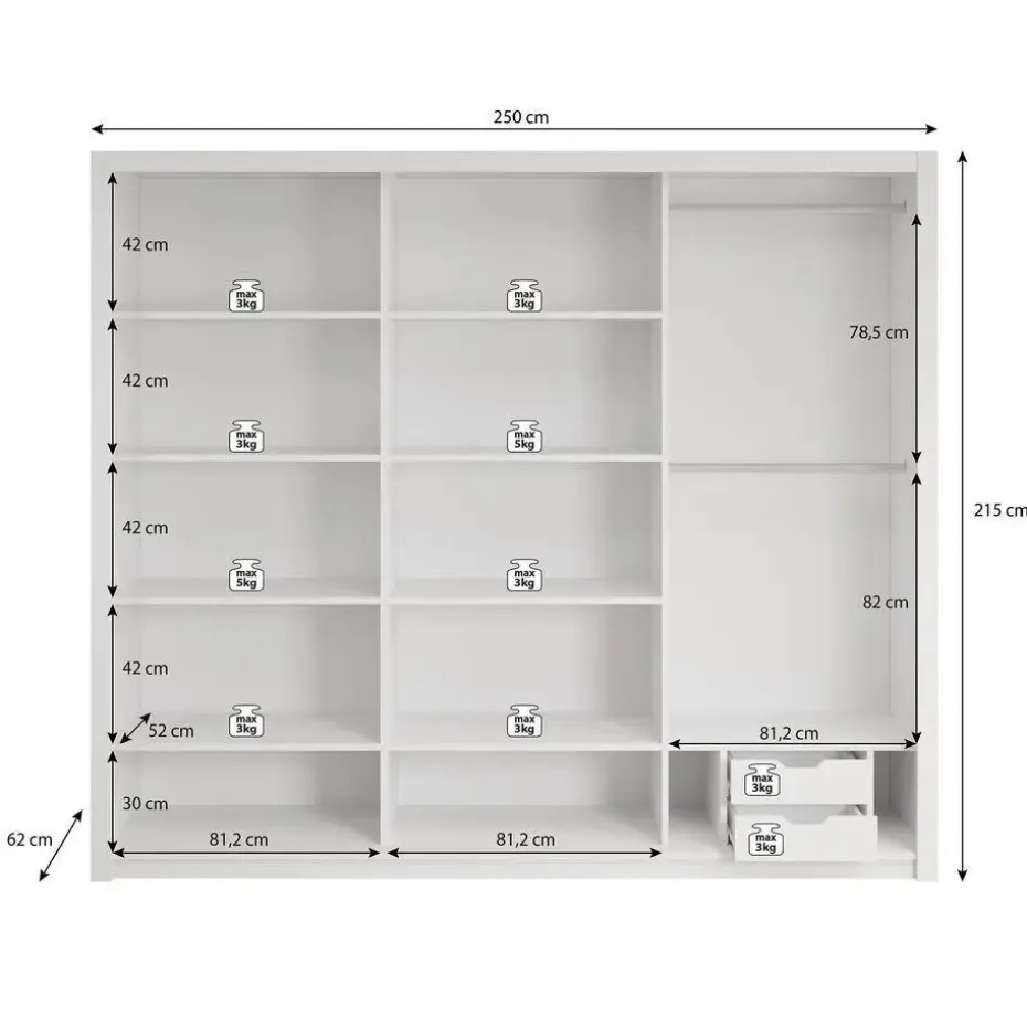 Meubella - Kledingkast Blake - Wit - 250 cm - Met spiegel
