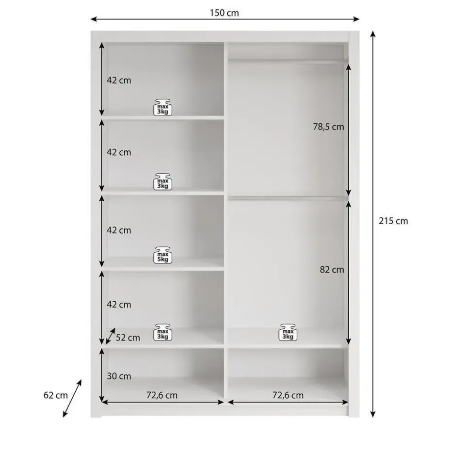 Meubella - Kledingkast Blake - Wit - 150 cm - Met spiegel