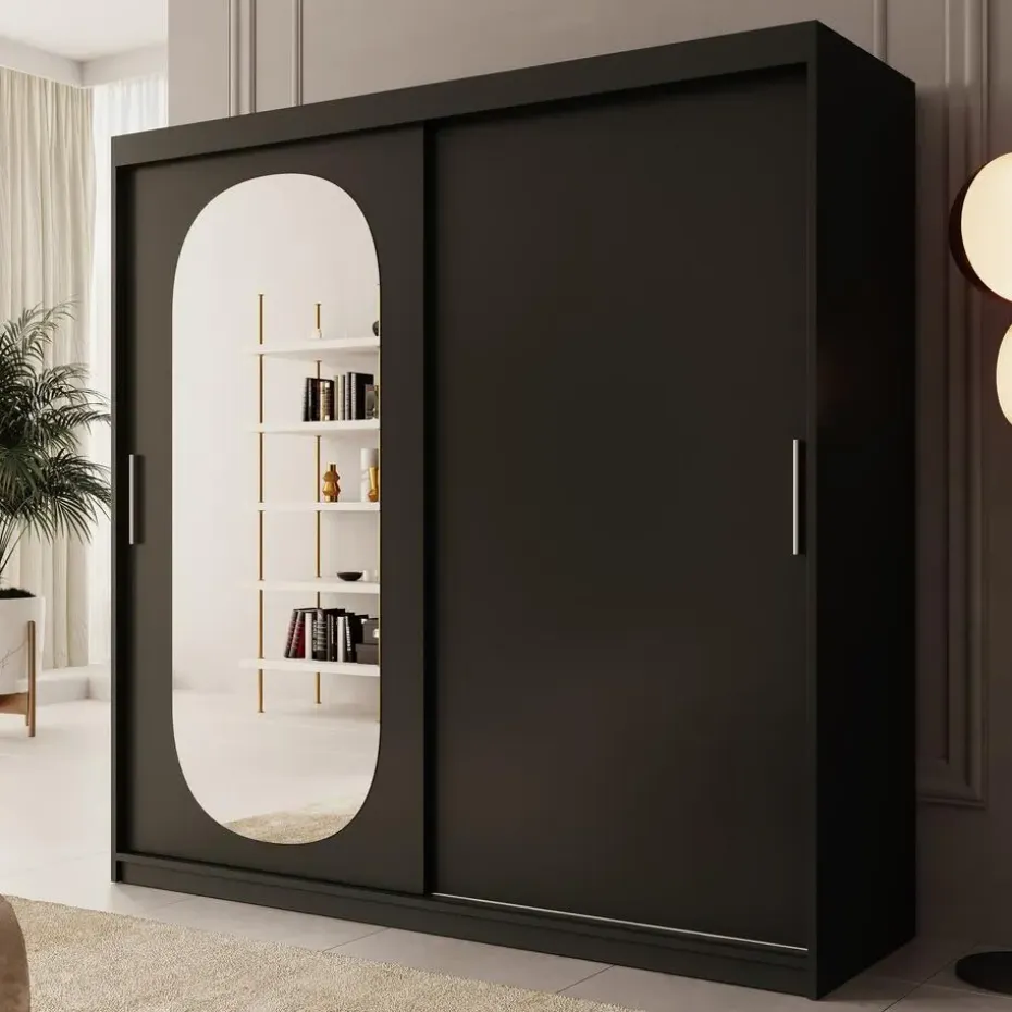 Meubella - Kledingkast Bodhi - Zwart - 200 cm - Met spiegel