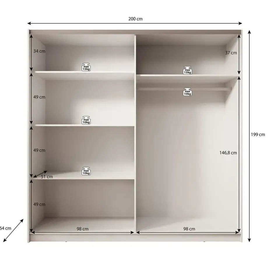 Meubella - Kledingkast Boets - Zwart - Eiken - 200 cm - Met spiegel