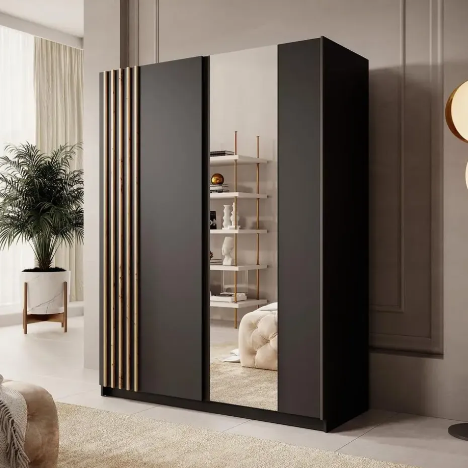 Meubella - Kledingkast Boets - Zwart - Eiken - 150 cm - Met spiegel