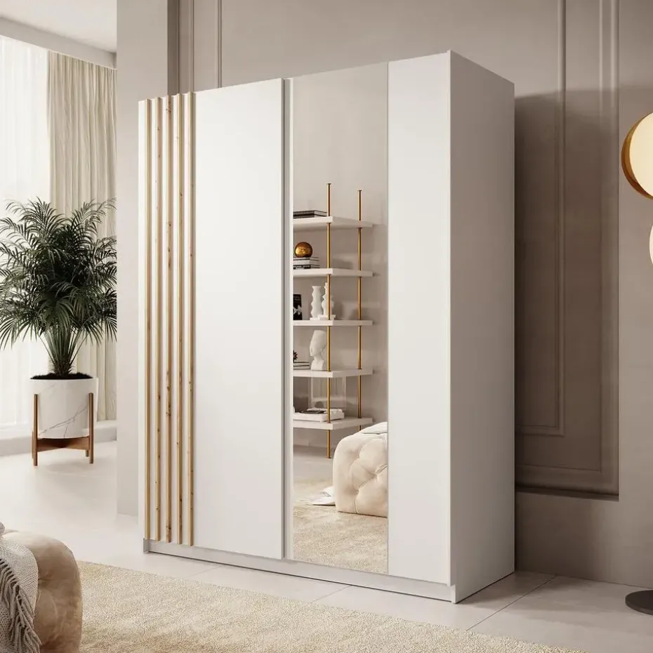 Meubella - Kledingkast Boets - Wit - Eiken - 150 cm - Met spiegel