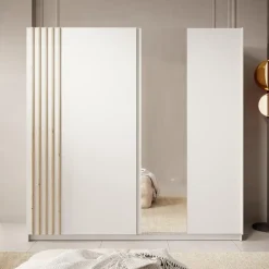 Meubella - Kledingkast Boets - Wit - Eiken - 200 cm - Met spiegel